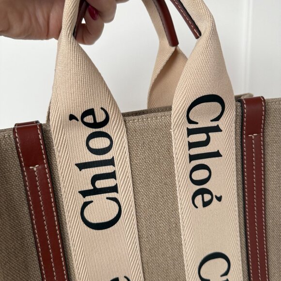 Chloé Canvas Leather Top Handle Tote Bag In Sand Beige Logo Detail Open Top - Picture 5 of 12